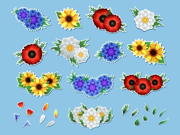 Satz dekorativer blütenköpfe im clip-art-stil sonnenblumen-gerbera-kamillenmohn-aufkleber