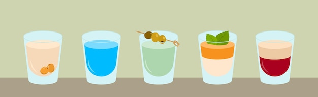 Satz der Alkohol-Schuss-Getränke-Vektorillustration lokalisiert auf weißem Hintergrund