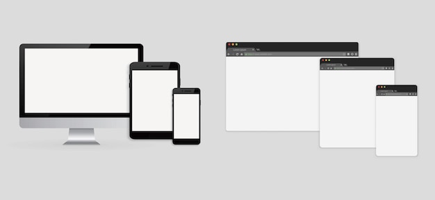 Satz der browser-schnittstelle auf laptop, tablet und telefon einfaches browserfenster flachvektor