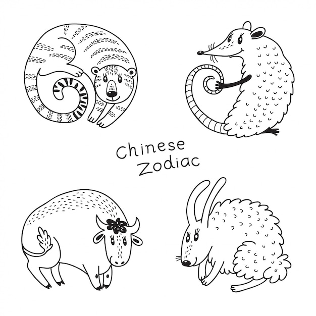 Vektor satz der chinesischen sternzeichen: tiger, ratte, ochse, kaninchen