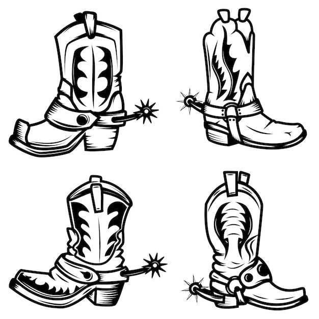 Vektor satz der cowboystiefelabbildungen. elemente für logo, etikett, emblem, zeichen, abzeichen. illustration