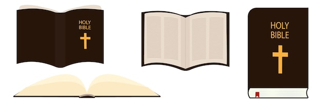 Satz der heiligen Bibel. Buch öffnen, Buch schließen, Vektorillustration.