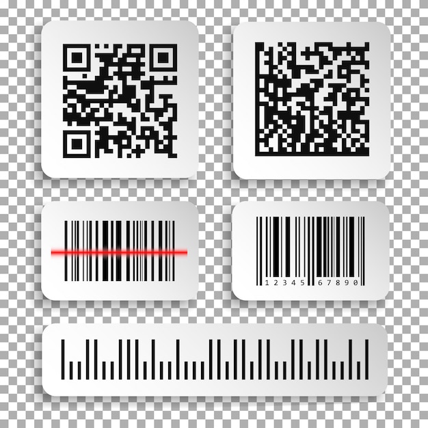 Satz der schwarzen ikone des realistischen barcodes und des qr-codes.