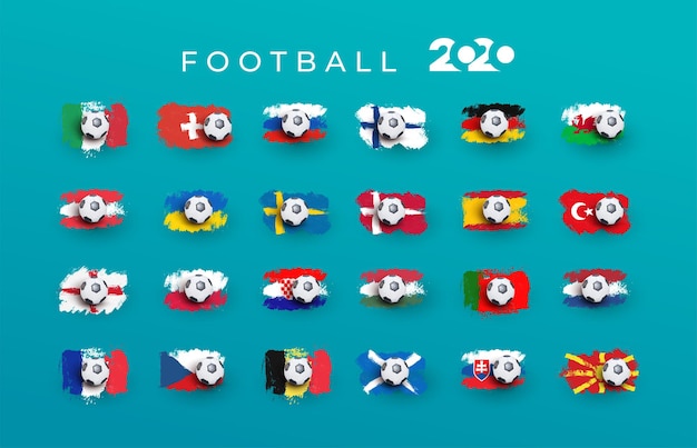 Vektor satz der turnierflagge des europäischen fußballs 2020. euro 2020 länderflagge aus pinselstrichen gesetzt