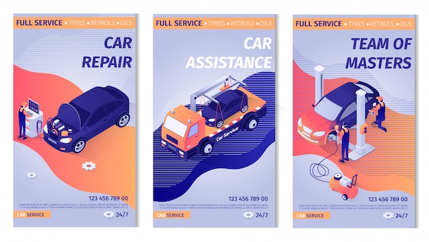 Satz der vertikalen fahnenschablone promo für autoservice