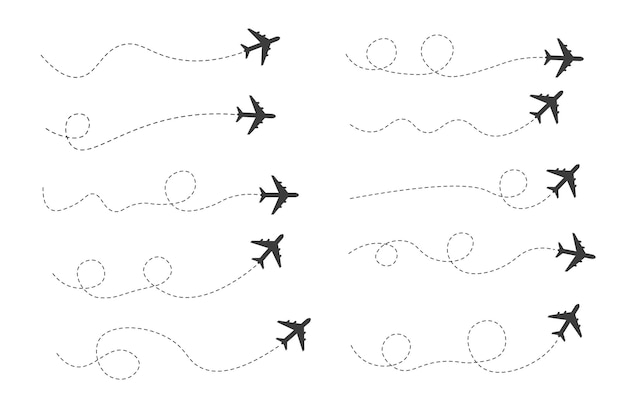 Satz des flachen designs der gestrichelten linie der flugzeugroute