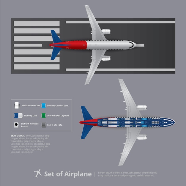 Satz des flugzeuges mit seat map isolated vector illustration