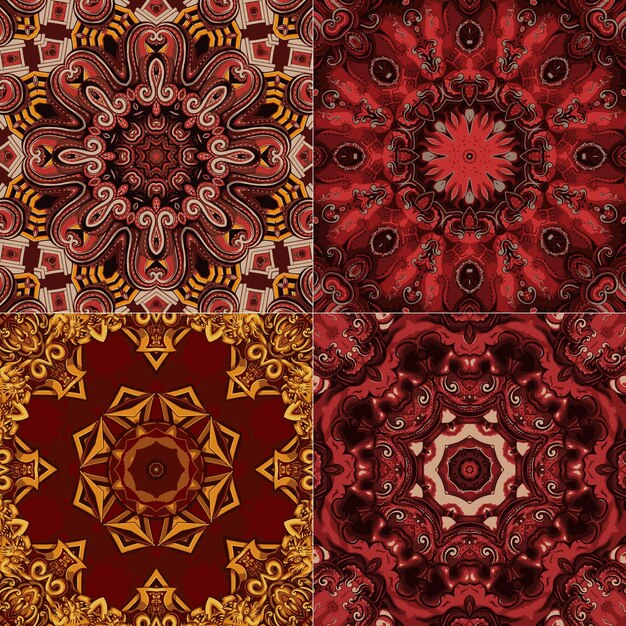 Satz des indischen Blumenmusters mit Mandalavektor-schöner Hintergrundfarbschablone für Textilteppich