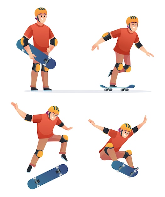 Satz des jungen, der skateboard in den verschiedenen posenillustration spielt