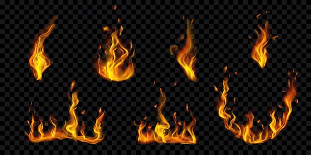 Satz durchscheinende brennende Lagerfeuer und Feuerflammen mit Funken auf transparentem Hintergrund. Zur Verwendung auf dunklen Illustrationen. Transparenz nur im Vektorformat