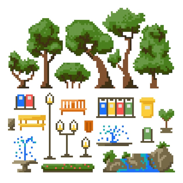 Satz Einzelteile für den Park lokalisiert auf weißem Hintergrund. Vektorillustration im Pixelkunststil.