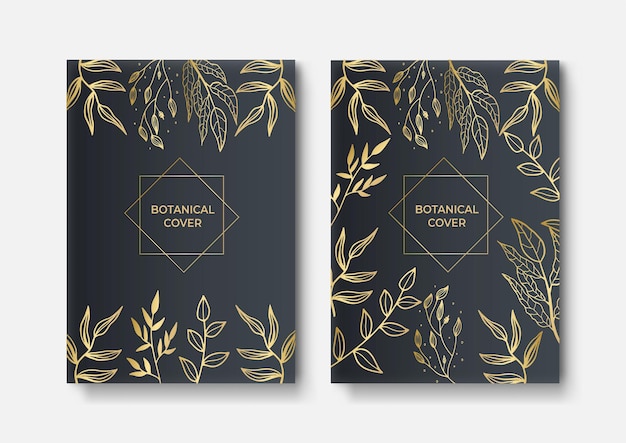 Satz elegante broschüre, karte, abdeckung. schwarze und goldene marmorstruktur. vintage-goldener hintergrund. geometrischer rahmen. palm exotische blätter. botanische kunst