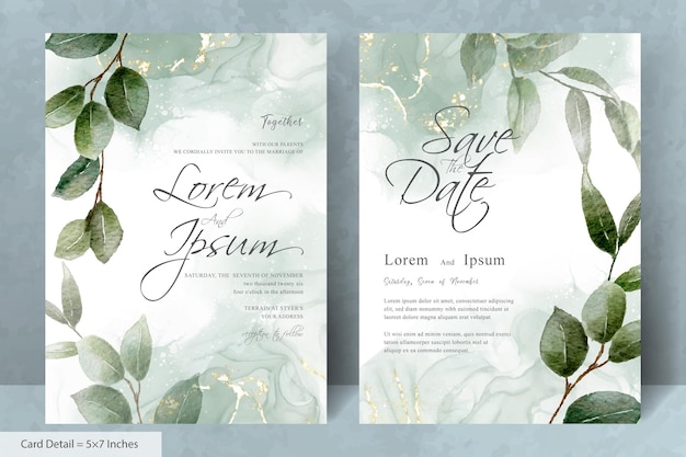 Satz elegante Hochzeitseinladungsschablone mit Hand gezeichnetem Blumen- und Aquarellhintergrund