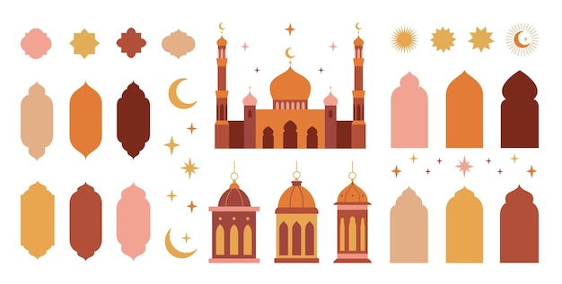 Satz Elemente Symbole und Ikonen im orientalischen Stil von Ramadan Kareem und Eid Mubarak Islamic