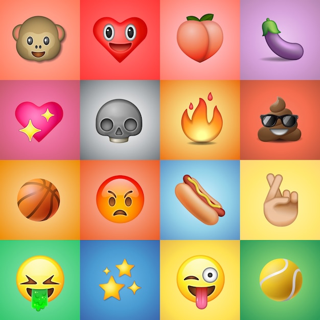 Satz emoticons, emoji, bunter hintergrund, illustration