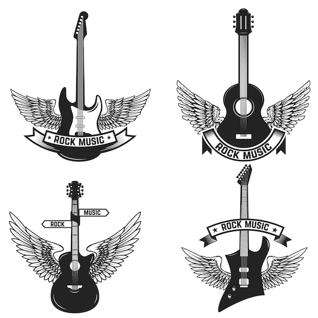 Satz Etiketten mit Gitarren und Flügeln. Rockmusik. Elemente für Emblem, Zeichen, Abzeichen. Illustration