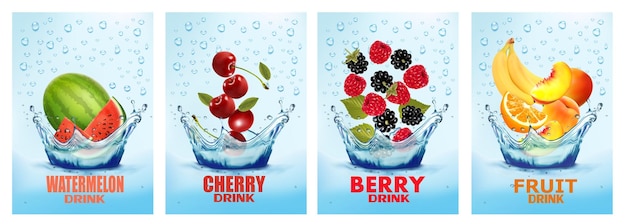 Satz Etiketten mit Obst- und Gemüsegetränk. Frischer Fruchtsaft, der zusammen spritzt. Pfirsich, Wassermelone, Kirsche, Himbeere, Brombeere im Wasser. Getränk, das spritzt. 3D-Vektorillustration aus frischen Früchten