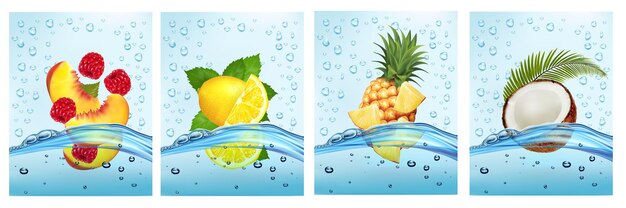 Satz Etiketten mit Obst- und Gemüsegetränken Saft aus frischen Früchten, der zusammen spritzt Zitrone Pfirsich Ananas Kokosnuss in Wasser trinken spritzt Vektorillustration