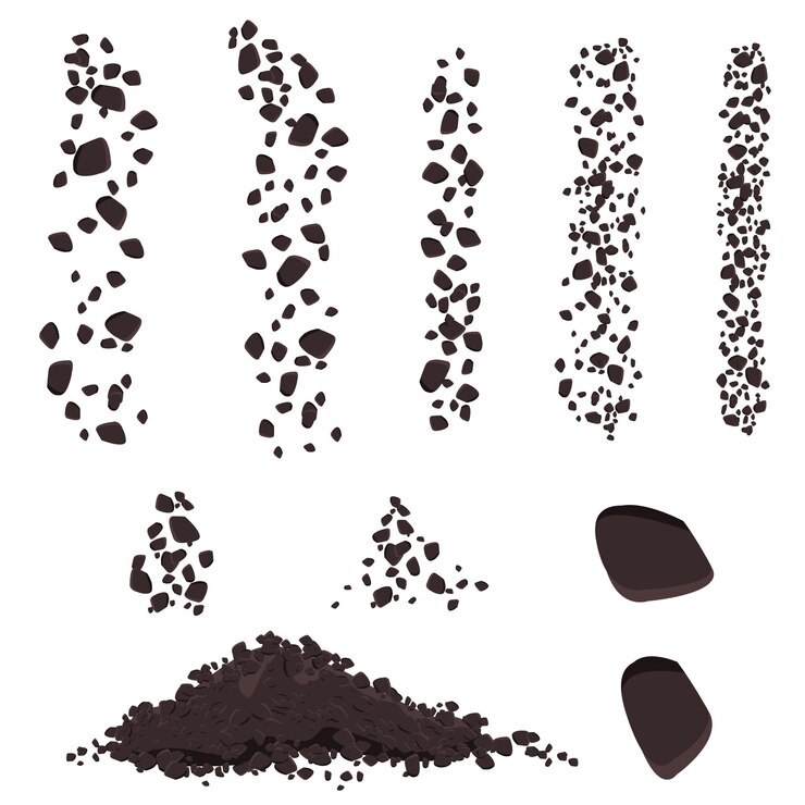 Satz fallender brauner Steine oder Erde mit großem Haufen isoliert auf weißem Steinschlag-Elemente-Clipart