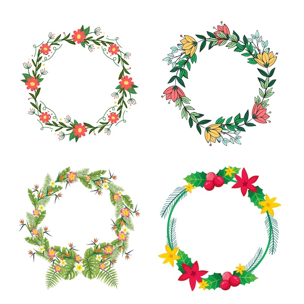 Satz farbenfroher Blumenrahmen Runde und quadratische Kränze von Blumen und Blättern Vektorflachillustrat