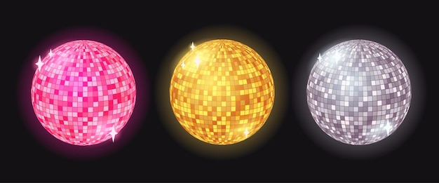 Satz farbenfroher Disco-Bälle Leuchtende Glaskugeln für Retro-Party Rosa Gold- und Silber-Disco-Bälle