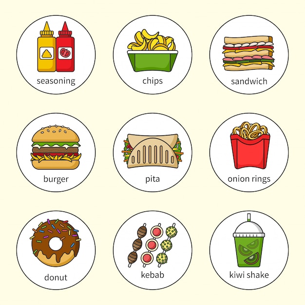 Vektor satz fast-food-symbole. getränke, snacks und süßigkeiten. bunt umrissene symbolsammlung. sandwich, burger, pita, donut, shake, pommes, kebab, gewürze, zwiebelringe.