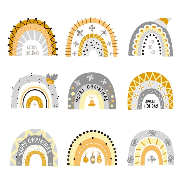 Satz festliche glänzende regenbogen. cliparts für die gestaltung von weihnachtskarten für kinder, zimmer, kleidung