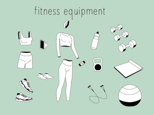 Satz Fitnesskleidung und -ausrüstung auf grünem Hintergrund