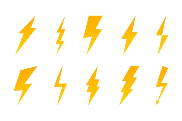 Satz flache Blitzikonen. Blitzzeichen. Symbol für Energie, Donner, Elektrizität. Schnell, Kraft, Geschwindigkeit. Elektrischer Reißverschluss Bolzen mit Schattierung und grafischen Linieneffekten