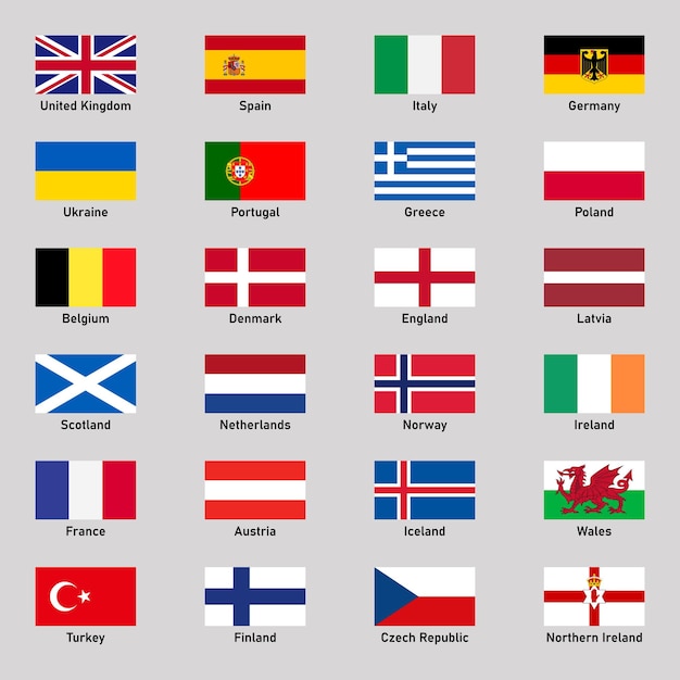 Vektor satz flaggen verschiedener europäischer länder im flachen stil