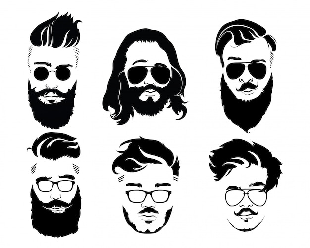 Satz frisuren für männer in brille. sammlung von schwarzen silhouetten von frisuren und bärten.