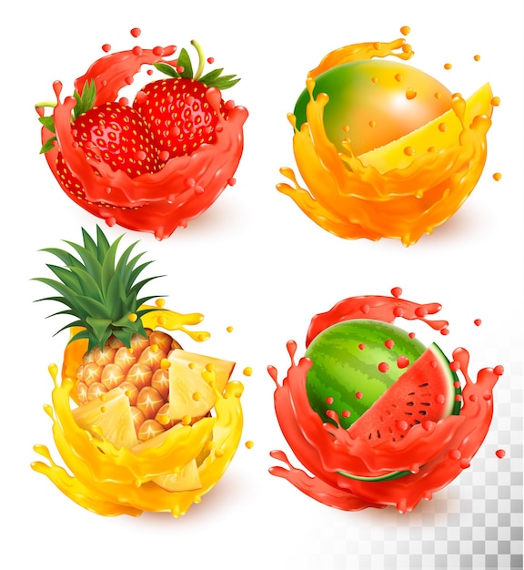 Satz fruchtsaftspritzen. mango, erdbeere, wassermelone, ananas, vektor