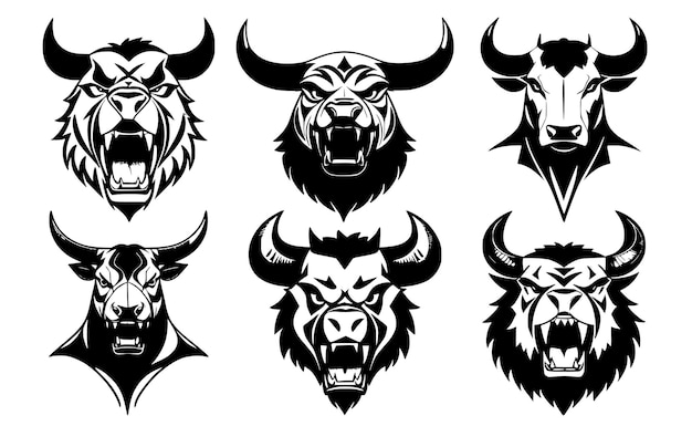 Satz gehörnte Stierköpfe mit offenem Mund und entblößten Reißzähnen mit verschiedenen wütenden Ausdrücken der Schnauze Symbole für Tattoo-Emblem oder Logo einzeln auf weißem Hintergrund
