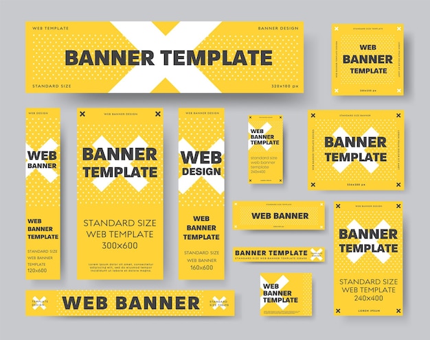 Satz gelbe Vektor-Web-Banner-Vorlagen mit weißem Kreuz und schwarzem Text. Entwerfen Sie Muster in Standardgröße für Werbung und soziale Medien