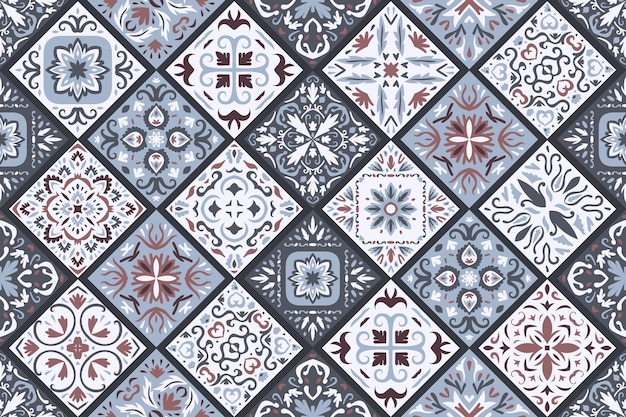 Vektor satz gemusterter azulejo-bodenfliesen im hintergrund nahtloses buntes muster abstraktes geometrisches patchwork sammlung von keramikfliesen im türkischen stil portugiesisches und spanisches dekor islam arabisch