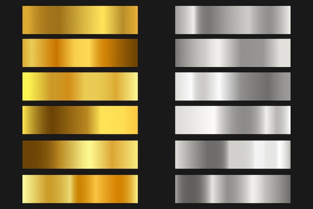 Satz Gold, Silber Textur Hintergründe. Glänzende und metallische Farbverlaufssammlung