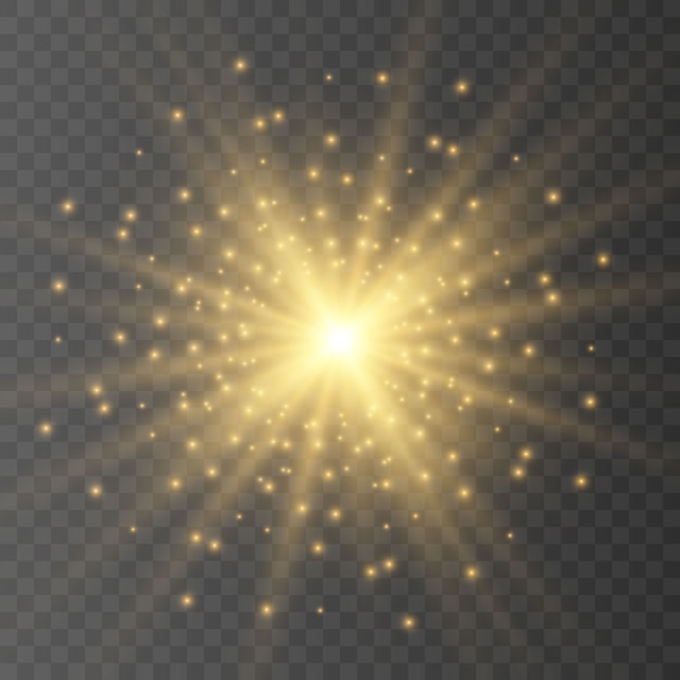 Satz goldene leuchtende Lichteffekte isoliert. Sonnenblitz mit Strahlen und Suchscheinwerfer. Der Glow-Effekt. Der Stern brach in Brillanz aus.