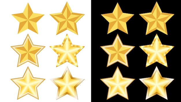 Satz goldener Bewertungssterne mit unterschiedlichen Rändern auf weißem und schwarzem Hintergrund für die Bewertung oder dekorative Dekoration Gestaltungselement