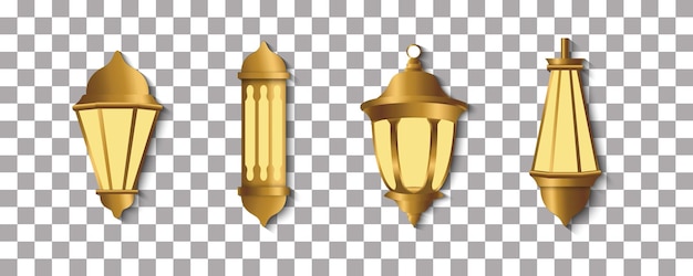 Satz goldener Laternen Arabisch leuchtende Lampen Isolierte hängende realistische Lampen, die für die Verwendung in islamischen Design-Ornamenten geeignet sind Effekte von transparentem Vektorhintergrund