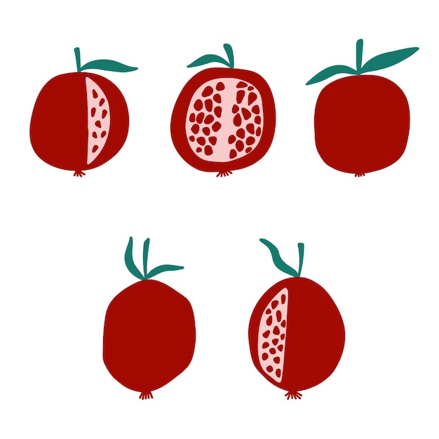 Satz granatapfel mit grünem blatt und roten samen im flachen cartoon-stil auf weißem hintergrund vektor-illustration von bunten frischen früchten