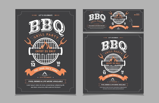 Satz grill-einladungsbanner, grill-einladungsflyer und facebook-cover-vektorillustration-eps