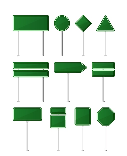 Vektor satz grüne farbe verkehrszeichen. auf weißem hintergrund. verkehrszeichen vorlage.