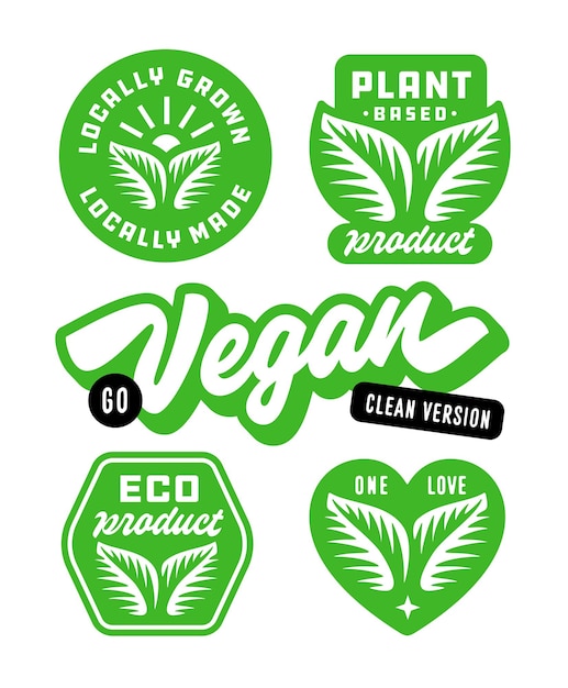 Vektor satz grüner öko-emblems auf pflanzlicher basis mit blattsymbol