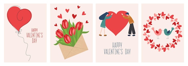 Satz grußkarten glücklicher valentinstag. zeichentrickfiguren, die ein riesiges herz umarmen, einen brief mit blumen, vögel küssen. vorlagen für social-media-beiträge, mobile apps, werbung, web.
