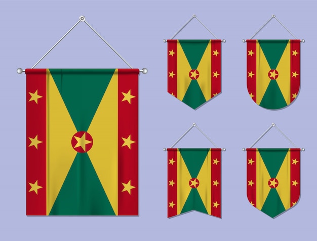 Satz hängende flaggen grenada mit textilbeschaffenheit. diversitätsformen des nationalflaggenlandes. vertikaler schablonenwimpel