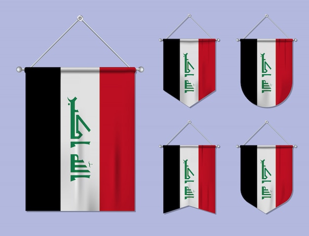 Satz hängende flaggen irak mit textilbeschaffenheit. diversitätsformen des nationalflaggenlandes. vertikaler schablonenwimpel
