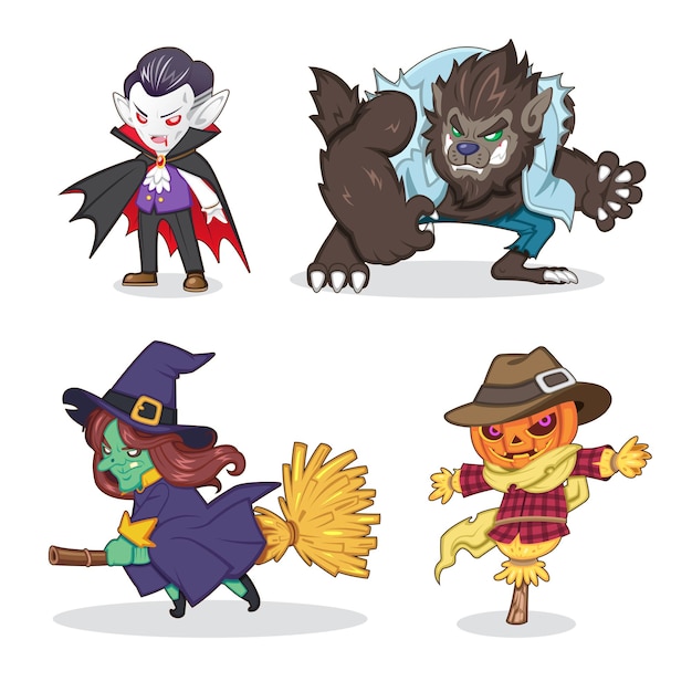 Satz halloween-monster (vampir, werwolf, hexe, vogelscheuche) karikaturillustration