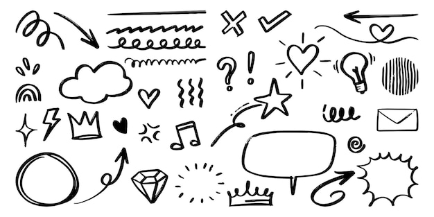 Satz Hand gezeichnete Gekritzelelemente für das Konzeptdesign lokalisiert auf weißer Hintergrundvektorillustration