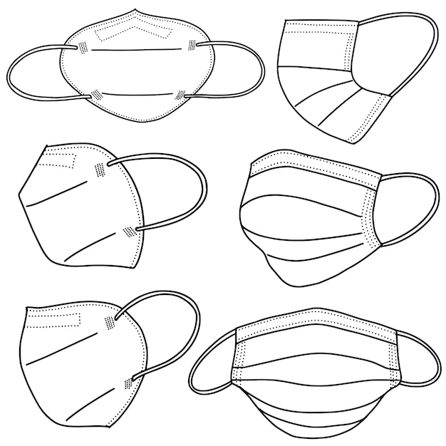 Vektor satz hand gezeichnete medizinische maske lokalisiert auf weißem hintergrund, corona-schutzvektorillustration.