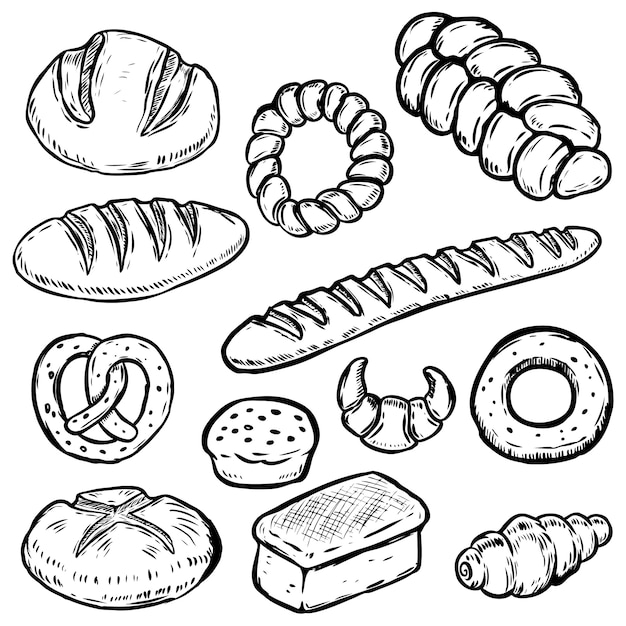 Satz handgezeichnete brotillustrationen. weißbrot, brötchen, bagel, croissant. element für poster, geschenkpapier. illustration